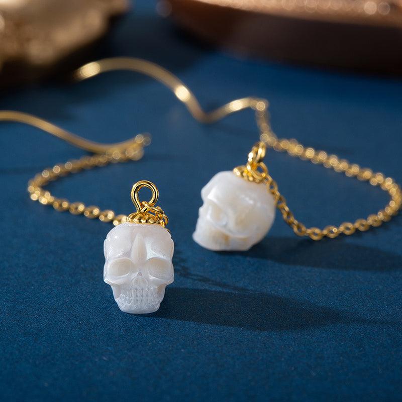 Squiggle Pearl Skull Threader Earrings - Belle Juri