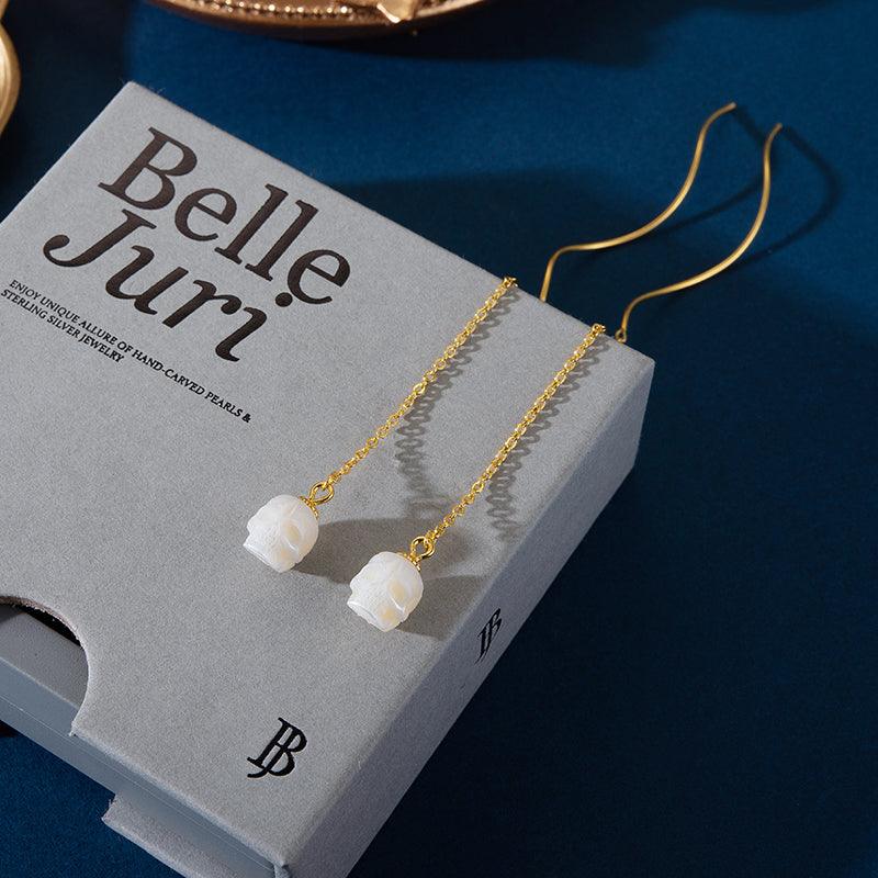 Squiggle Pearl Skull Threader Earrings - Belle Juri