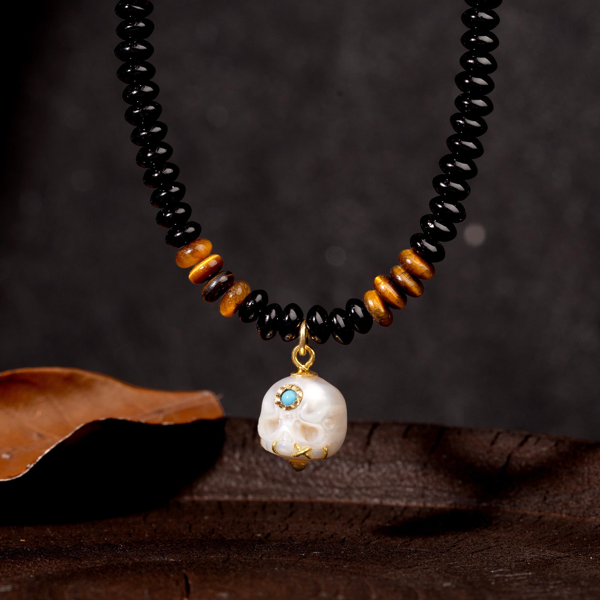 Tiger Eye Black Agate Pearl Śmaśana Beaded Necklace