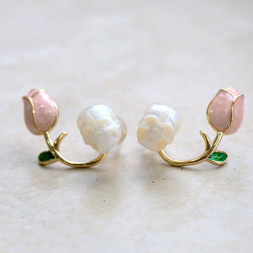 Pearl skull earrings with pink rose design, 925 sterling silver, Belle Juri