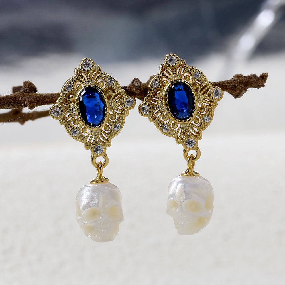 Vintage Blue Gem Pearl Skull Earrings