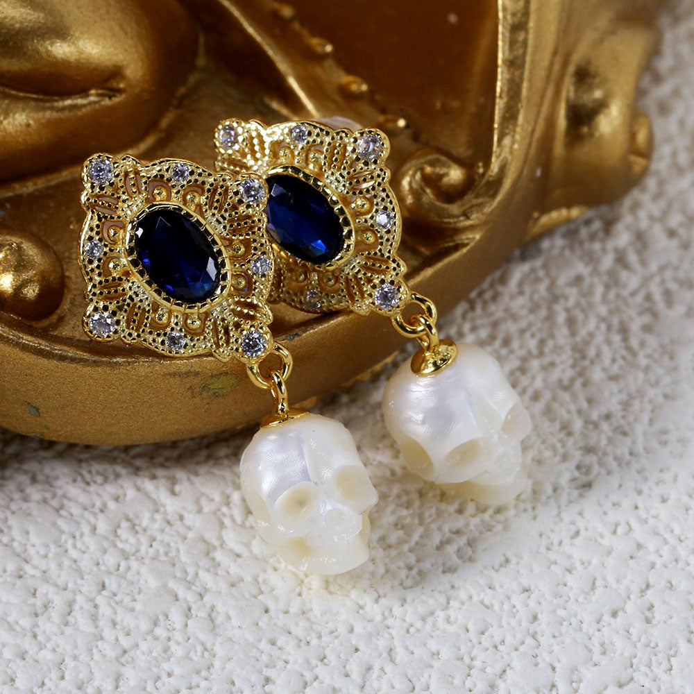 Vintage Blue Gem Pearl Skull -oorbellen