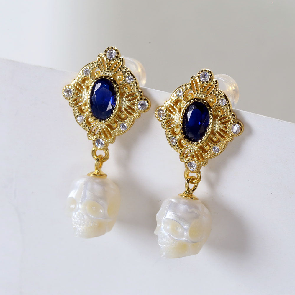 Vintage Blue Gem Pearl Skull Earrings