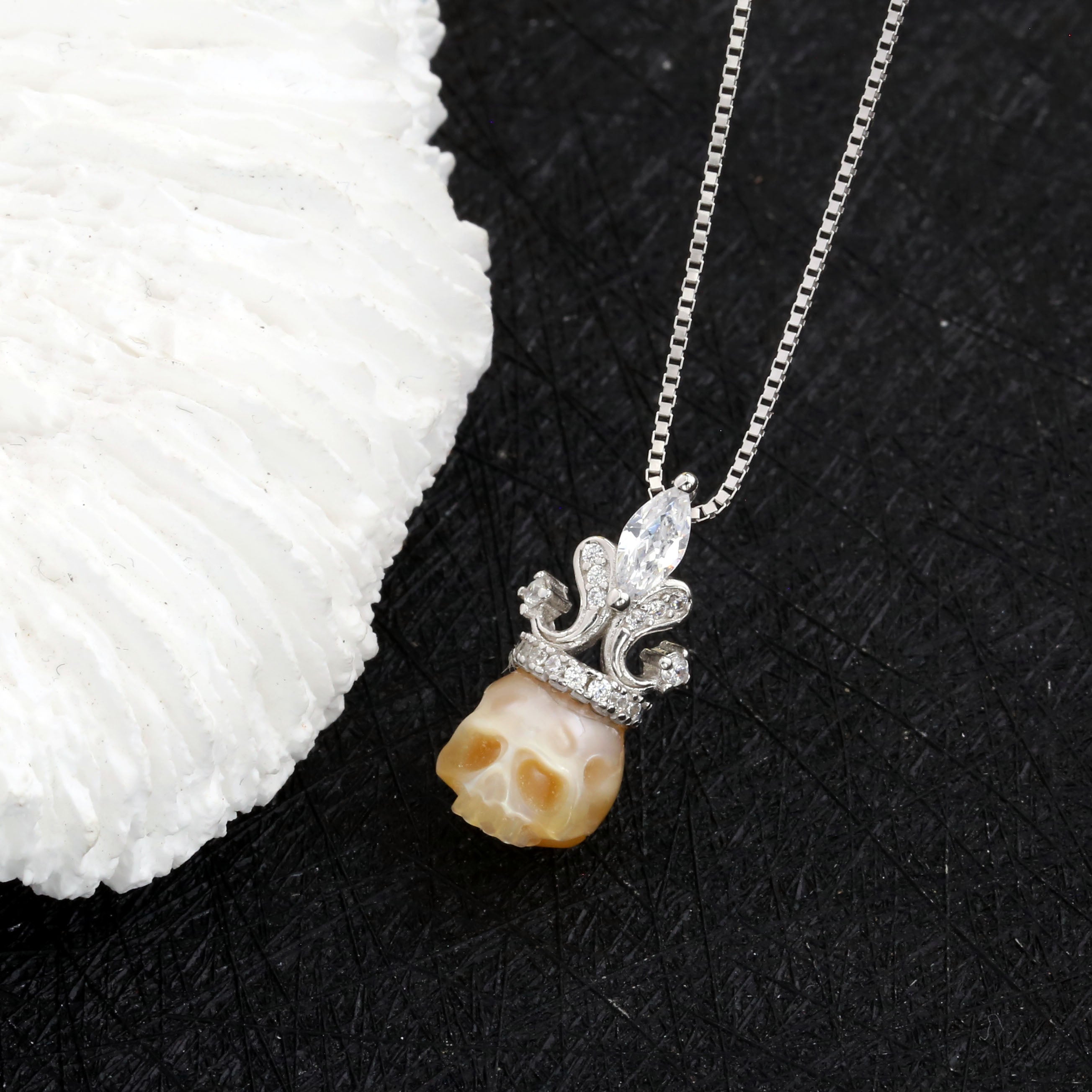 Vintage Gem Crown Pearl Skull Necklace