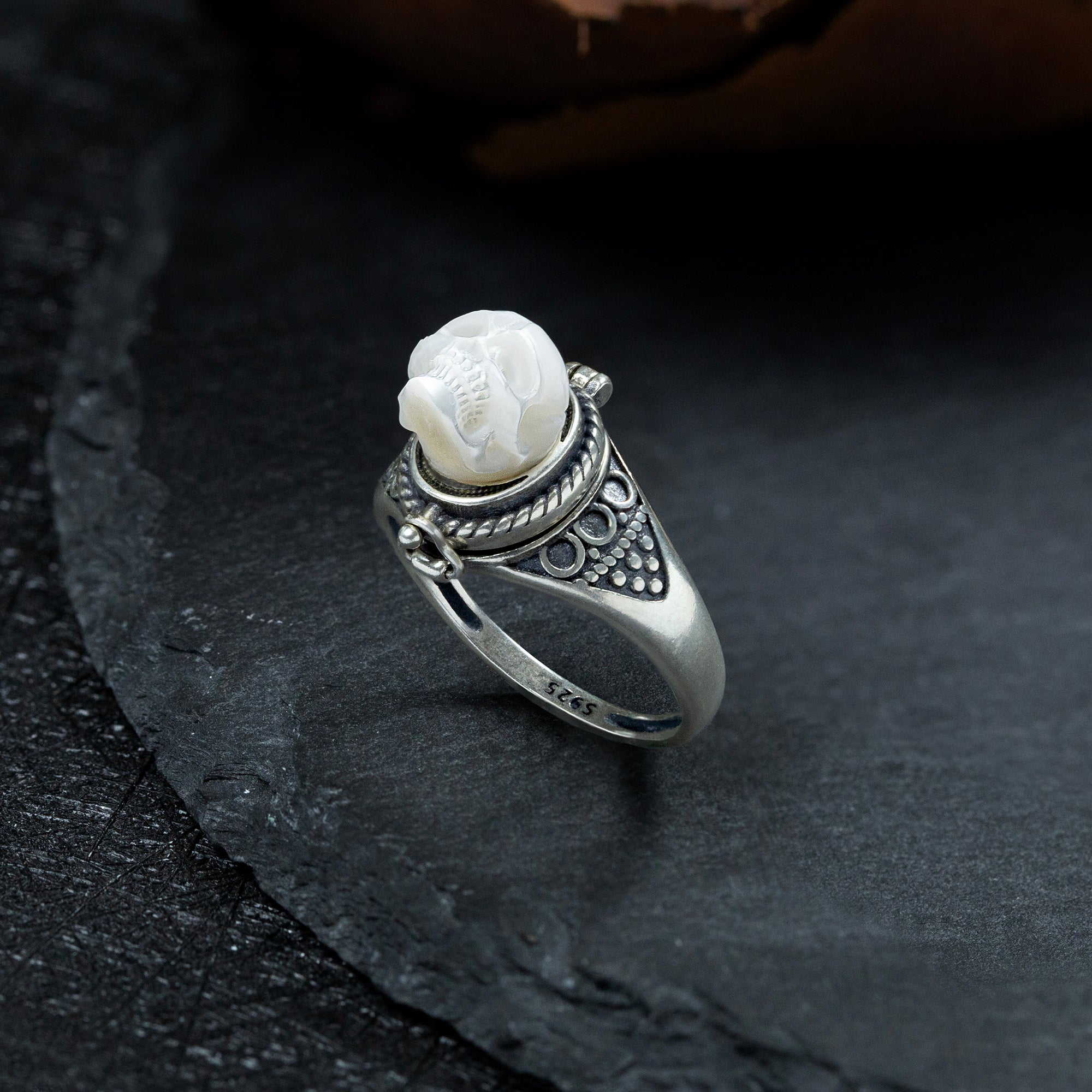 Vintage Gothic Pearl Skull Royal Pillbox Ring - Main Image