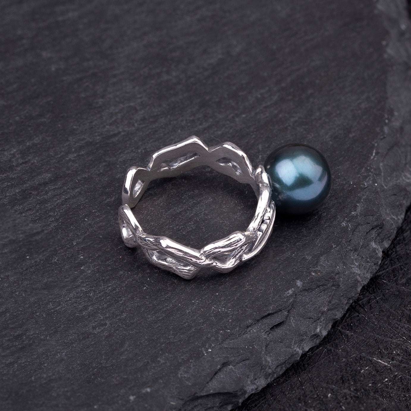 Vintage Leaf Branch Black Tahitian Pearl Ring