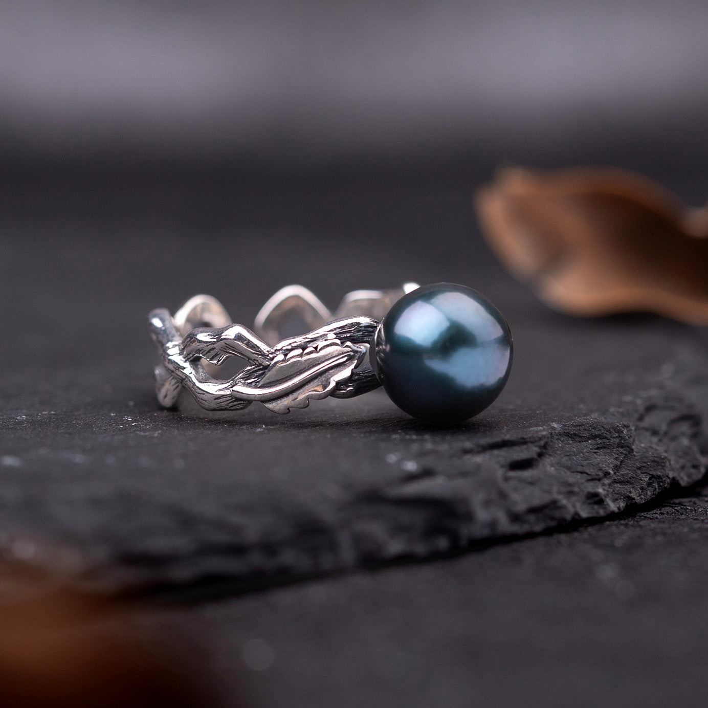 Vintage Leaf Branch Black Tahitian Pearl Ring