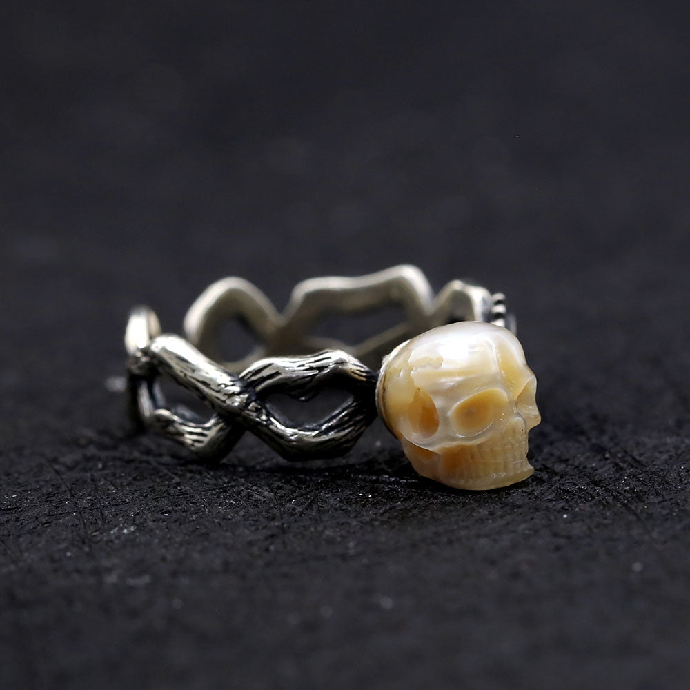 Vintage Leaf Branch Pearl Skull Ring