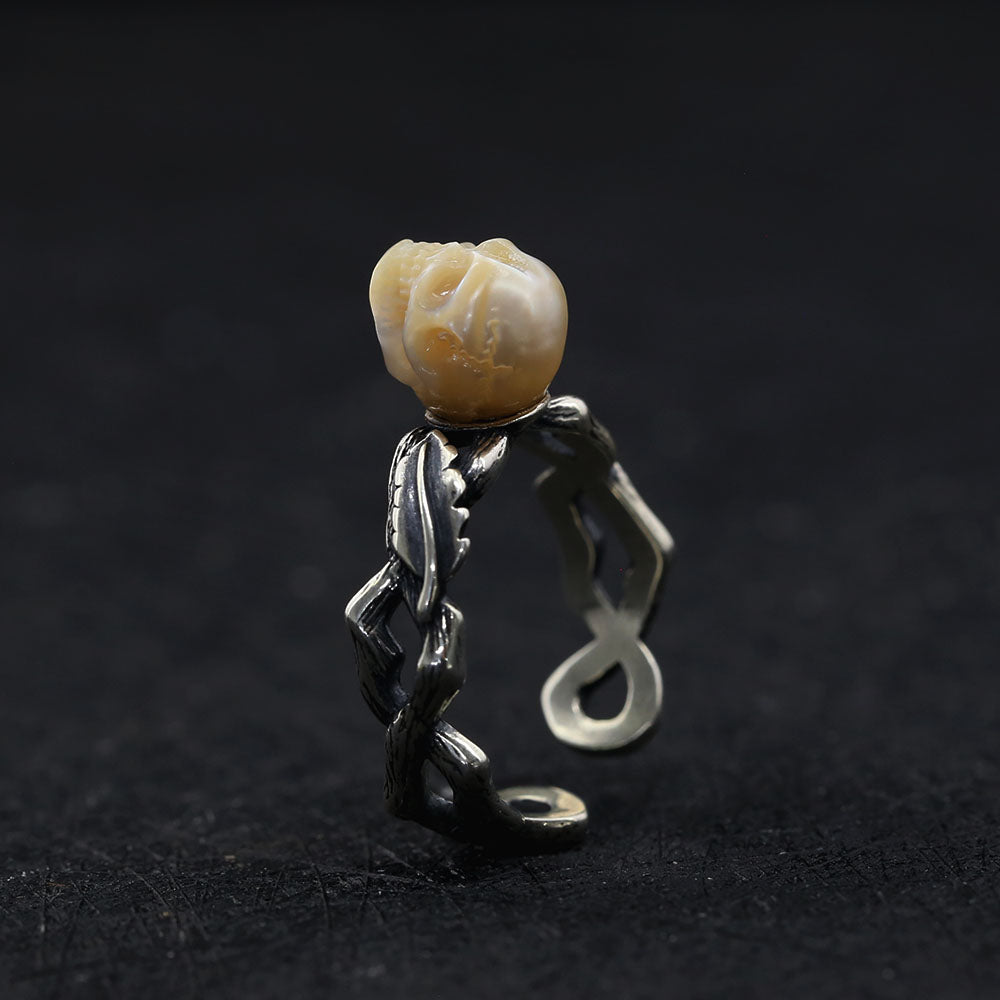 Vintage Leaf Branch Pearl Skull Ring