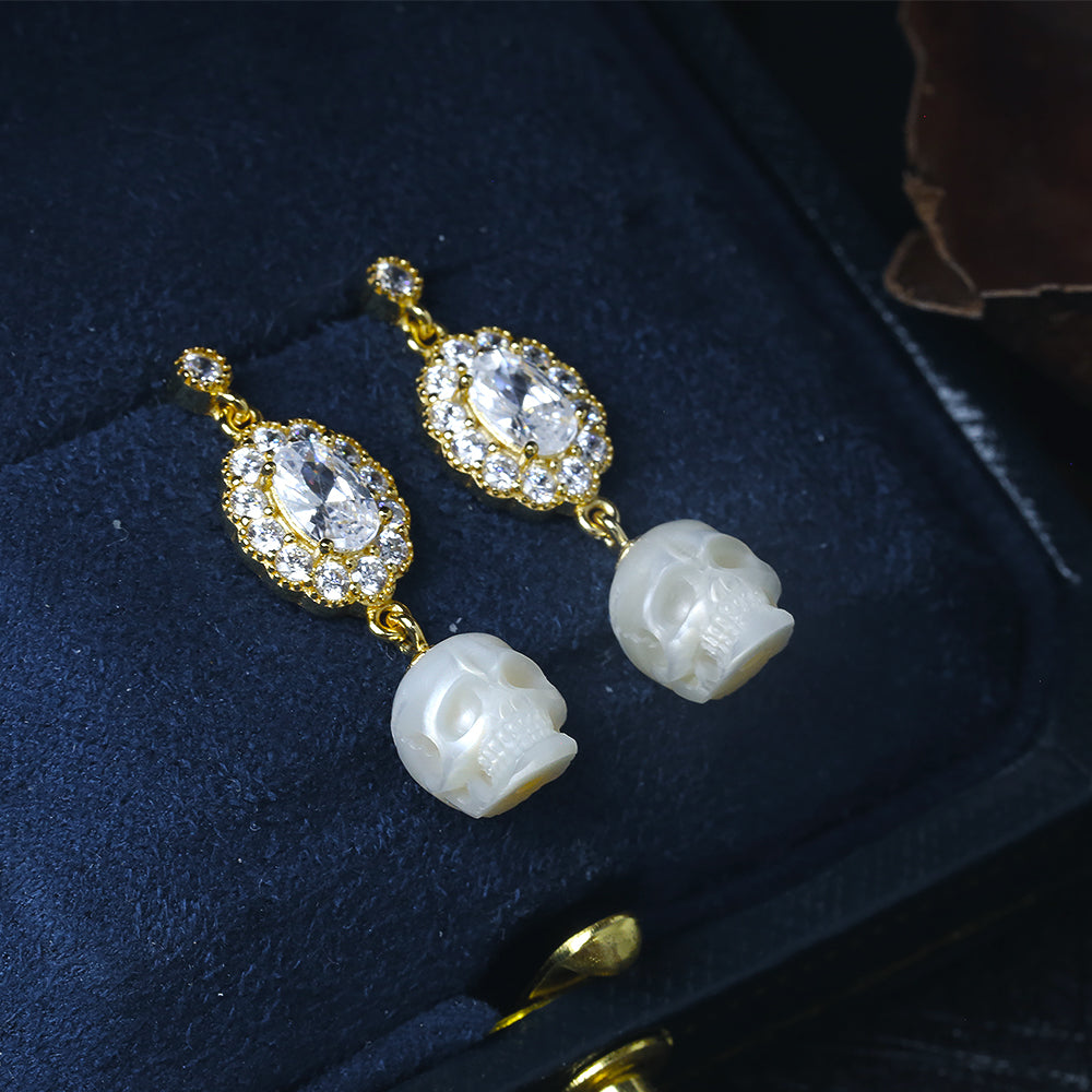 Vintage Oval Halo CZ Pearl Skull Earrings
