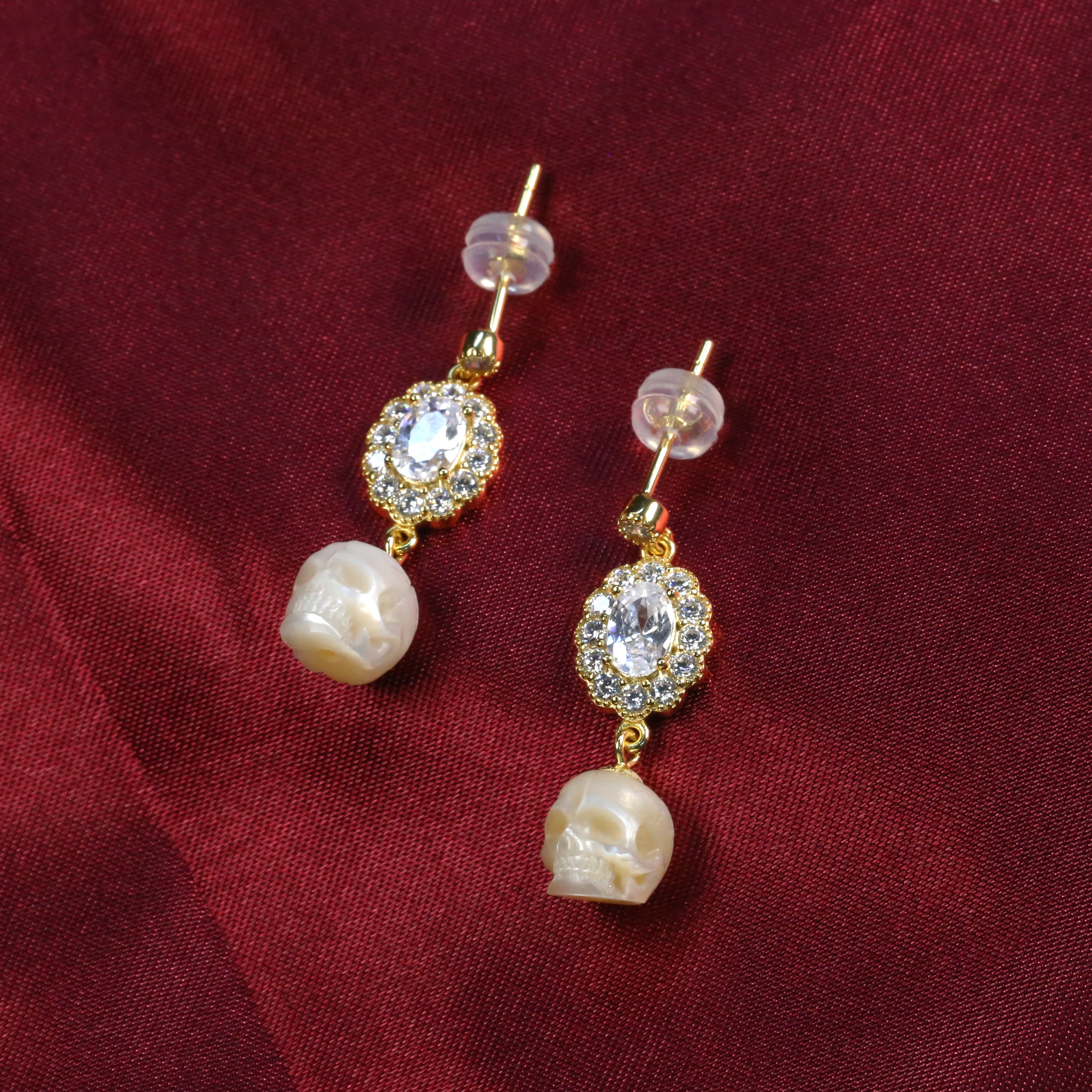Vintage Oval Halo CZ Pearl Skull Earrings