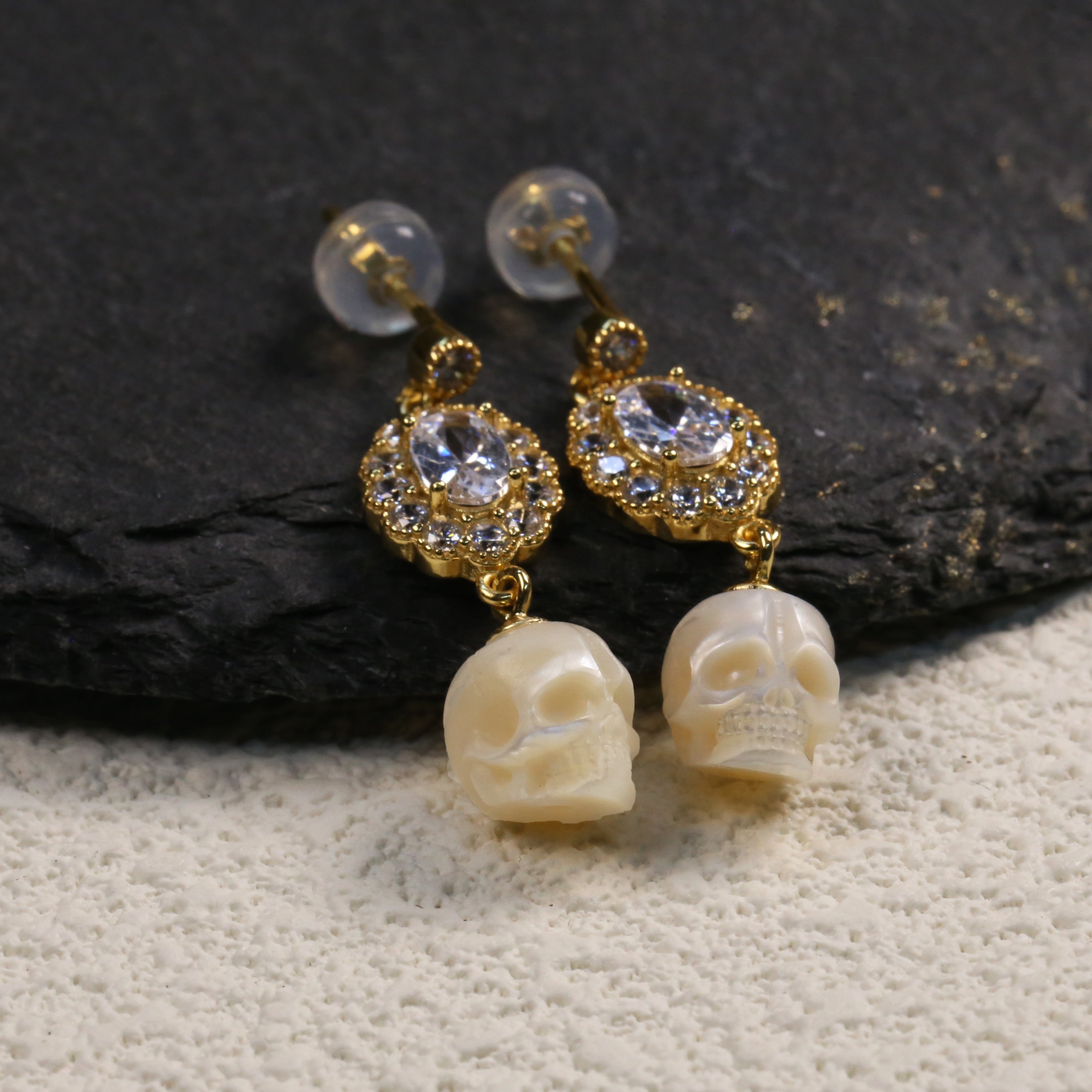 Vintage Oval Halo CZ Pearl Skull Earrings