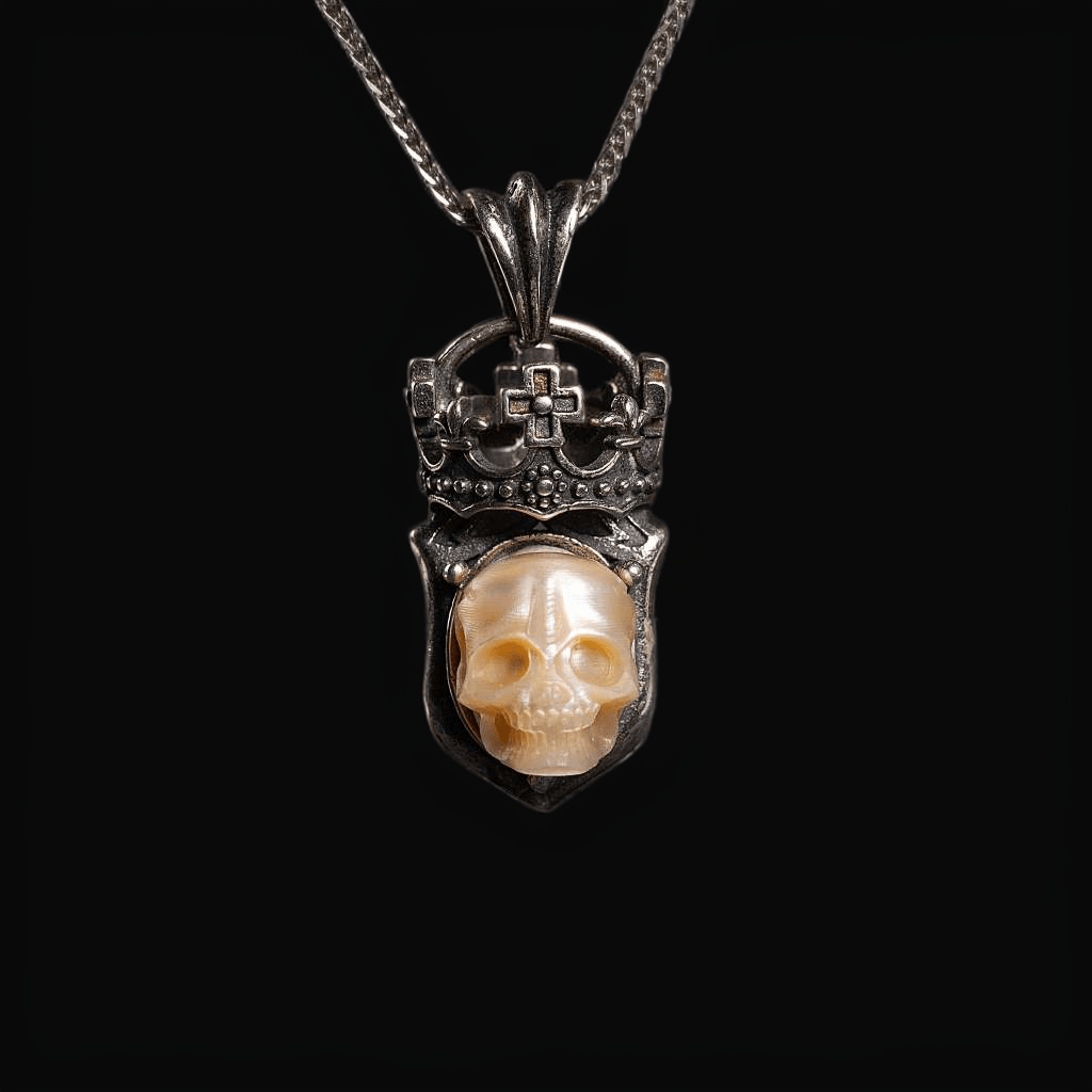 Belle Juri Vintage Pearl Skull Cross Crown Necklace