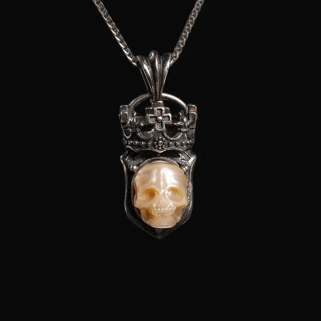 Belle Juri Vintage Pearl Skull Cross Crown Necklace