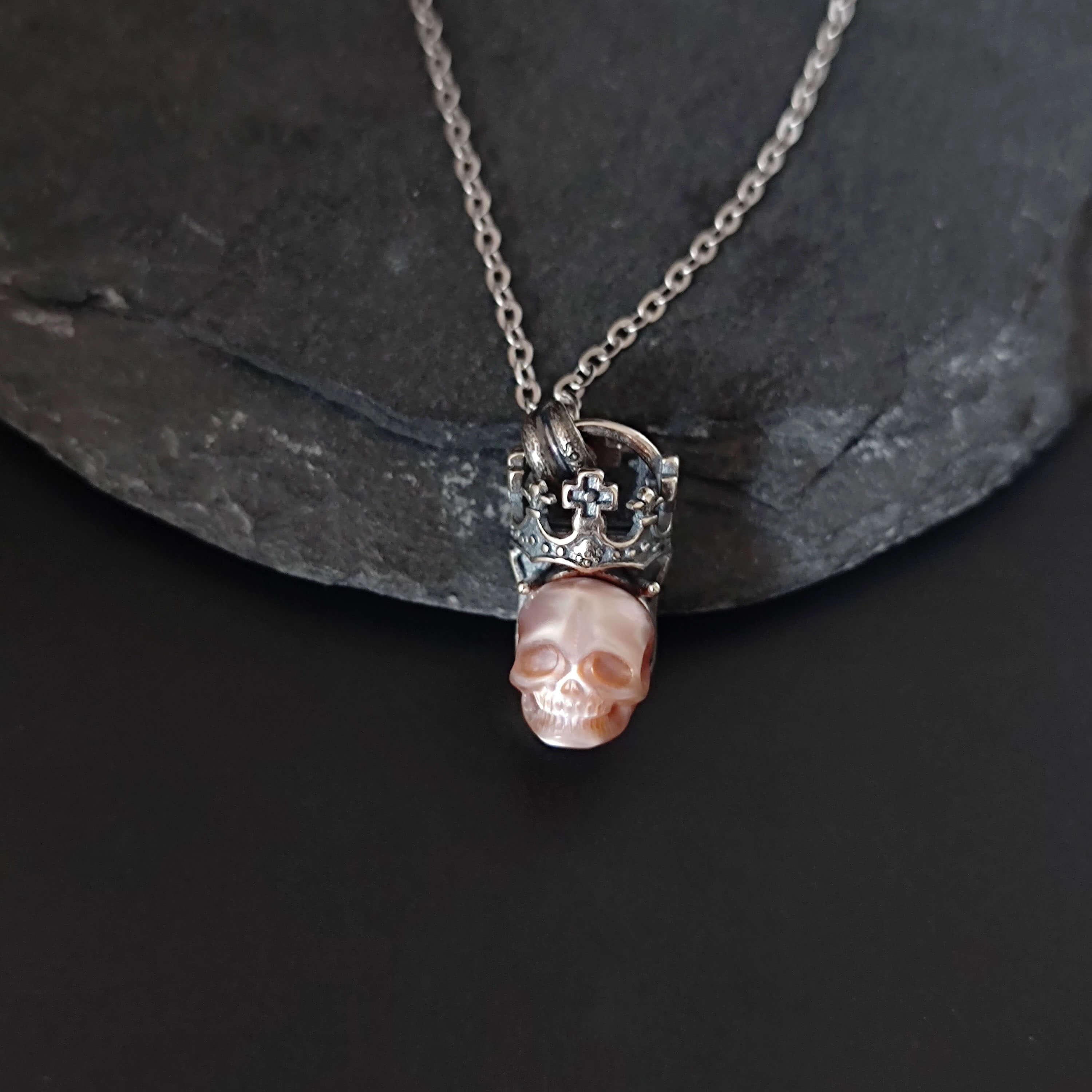 Belle Juri Vintage Pearl Skull Cross Crown Necklace