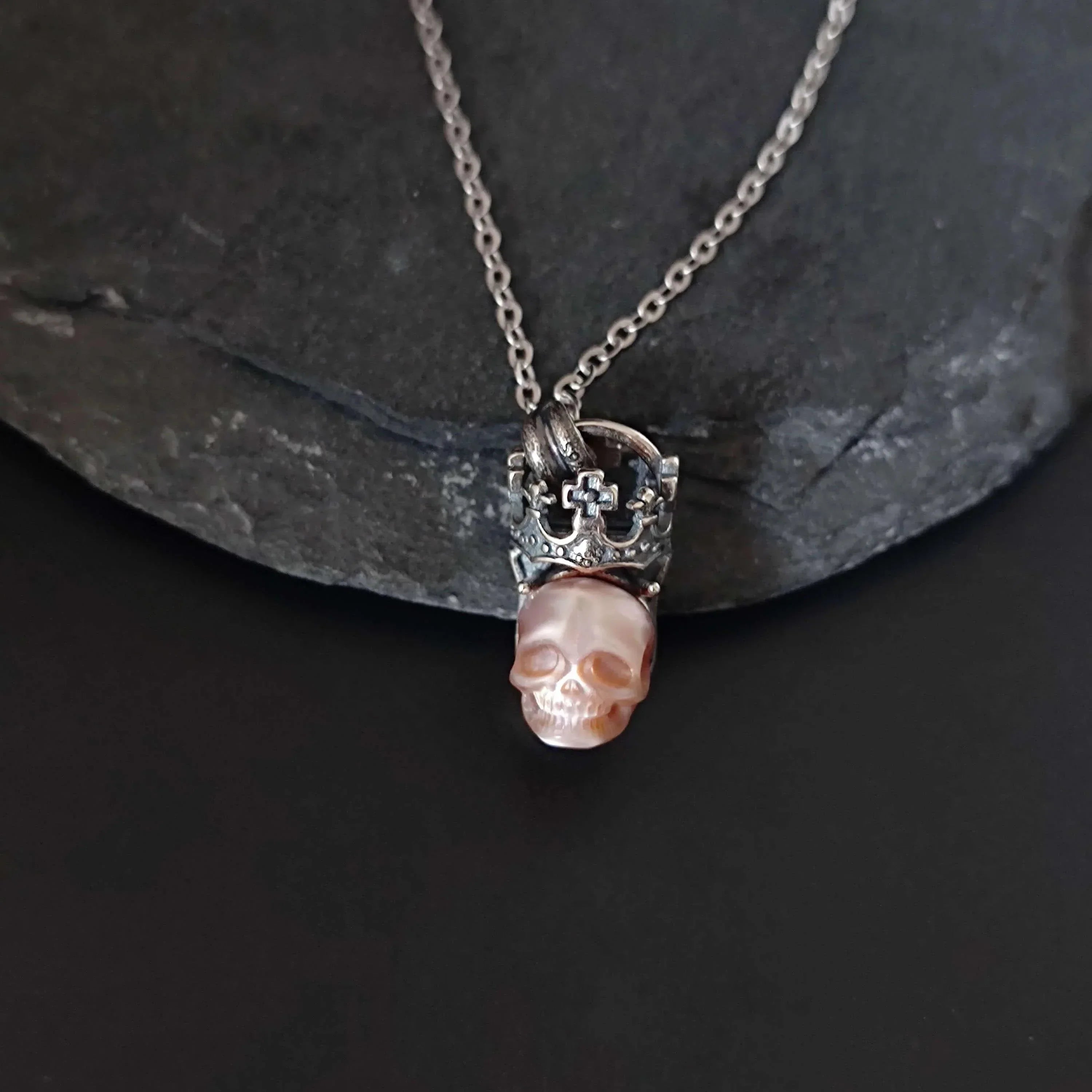 Belle Juri Vintage Pearl Skull Cross Crown Necklace