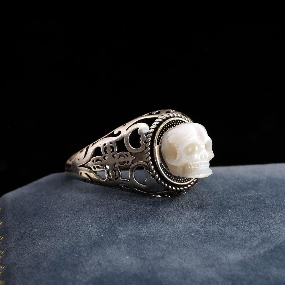 Vintage Pearl Skull Petal Openwork Hollow Carved Ring
