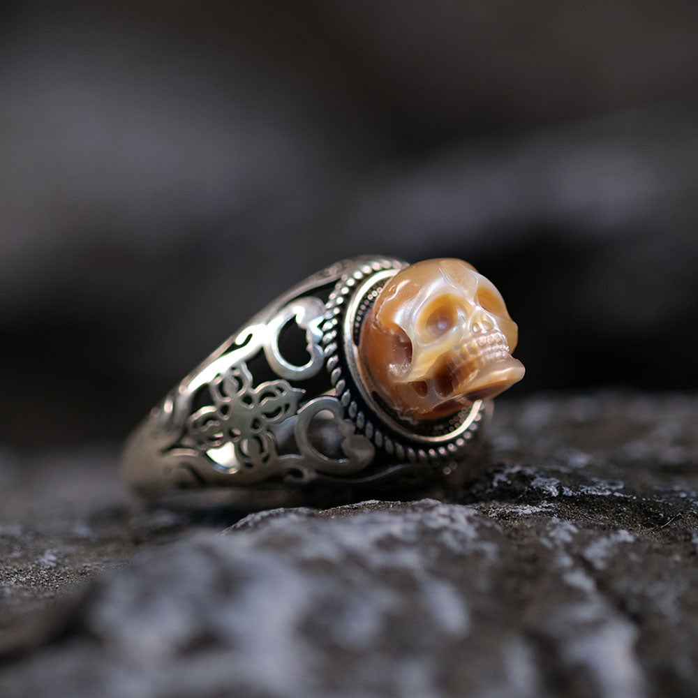 Vintage Pearl Skull Petal Openwork Hollow Carved Ring