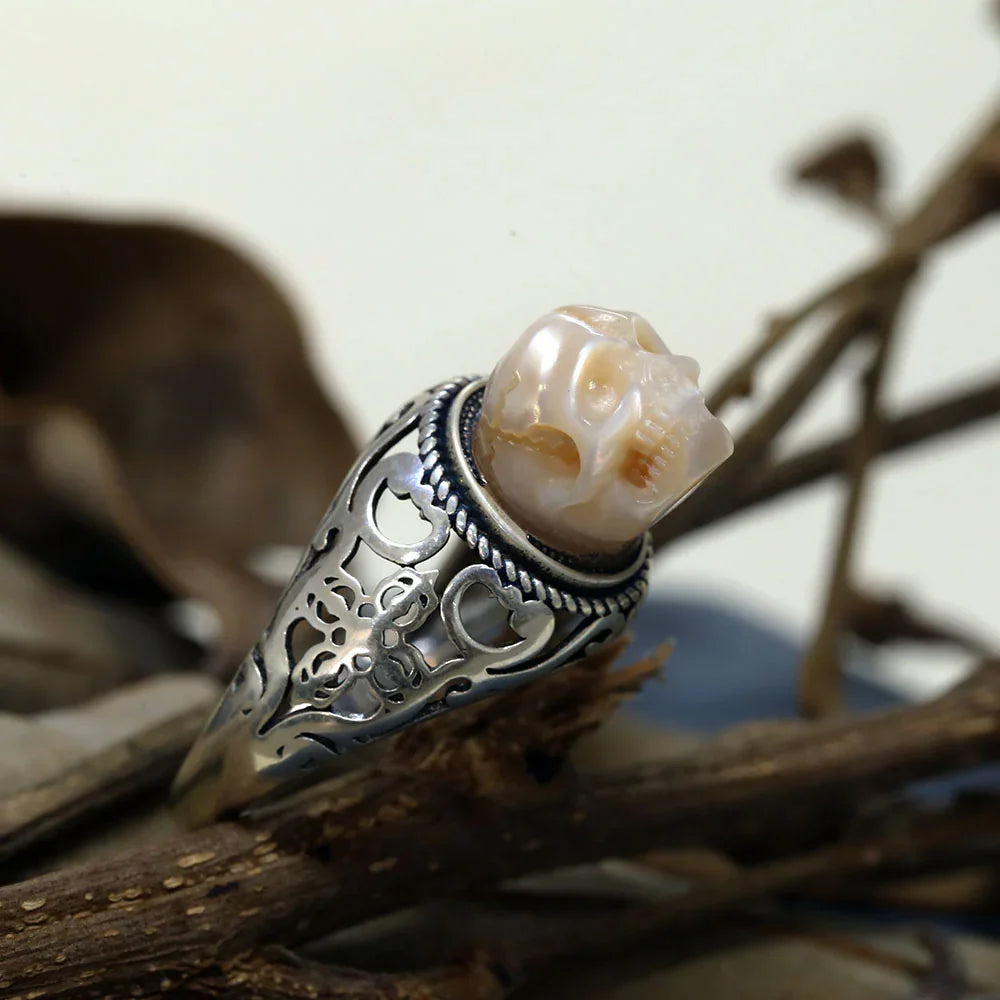 Vintage Pearl Skull Petal Openwork Hollow Carved Ring