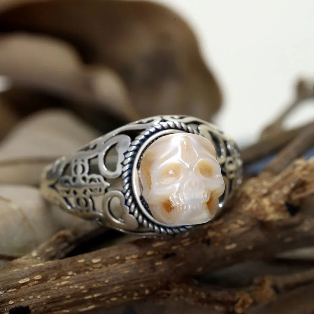 Vintage Pearl Skull Petal Openwork Hollow Carved Ring