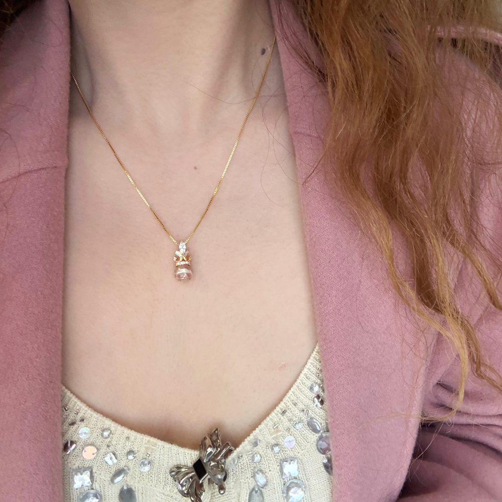 Vintage Gem Crown Pearl Skull Necklace