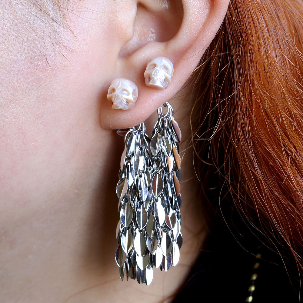 Wheat Spike Feather Tassel Pearl Skull Earrings