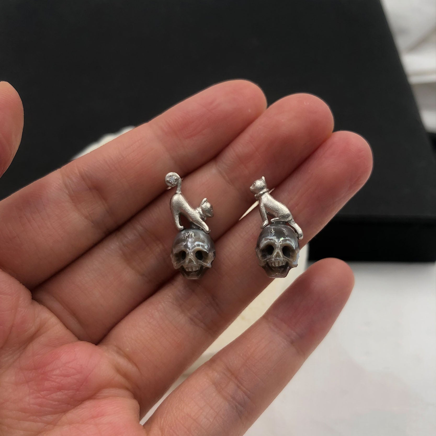 Whimsical Cat on Pearl Skull Stud Earrings