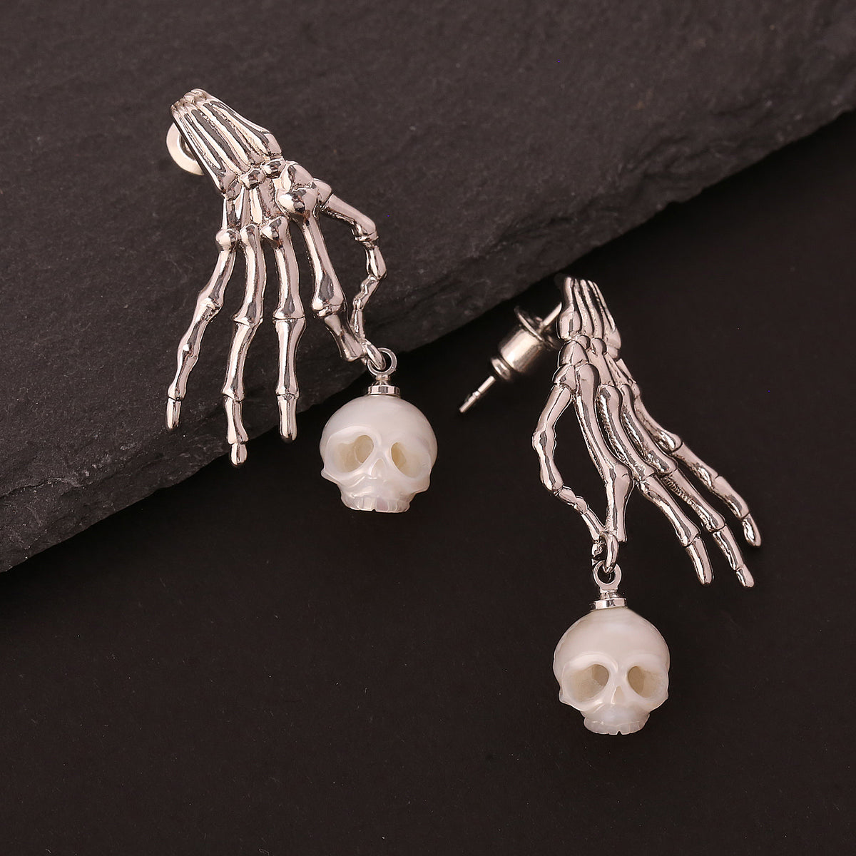 Carved Cranium Pearl With Dark-style Skeletal Hand Earrings-White