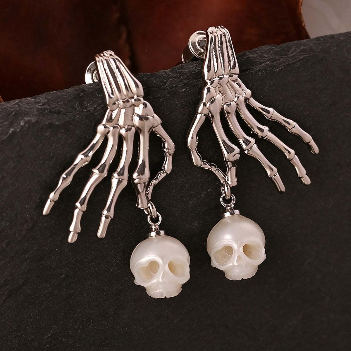 Carved Cranium Pearl With Dark-style Skeletal Hand Earrings-White
