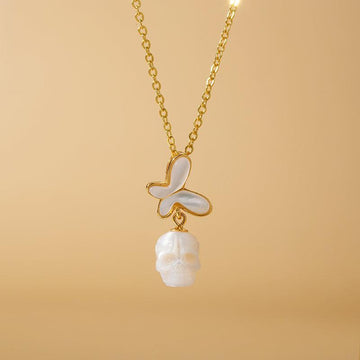 White Shell Butterfly Pearl Skull Necklace - Belle Juri