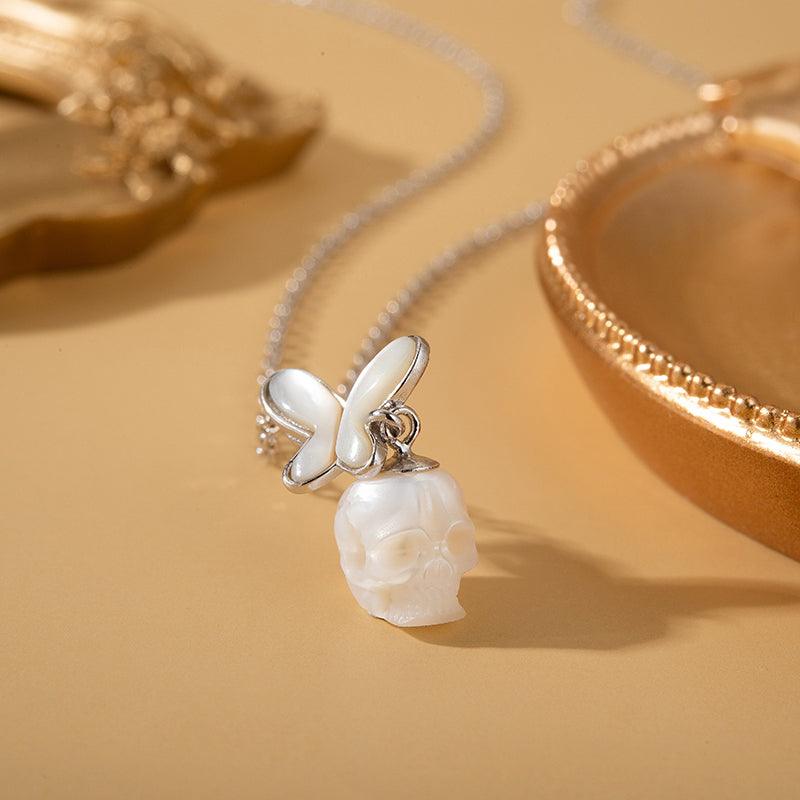 White Shell Butterfly Pearl Skull Necklace - Belle Juri
