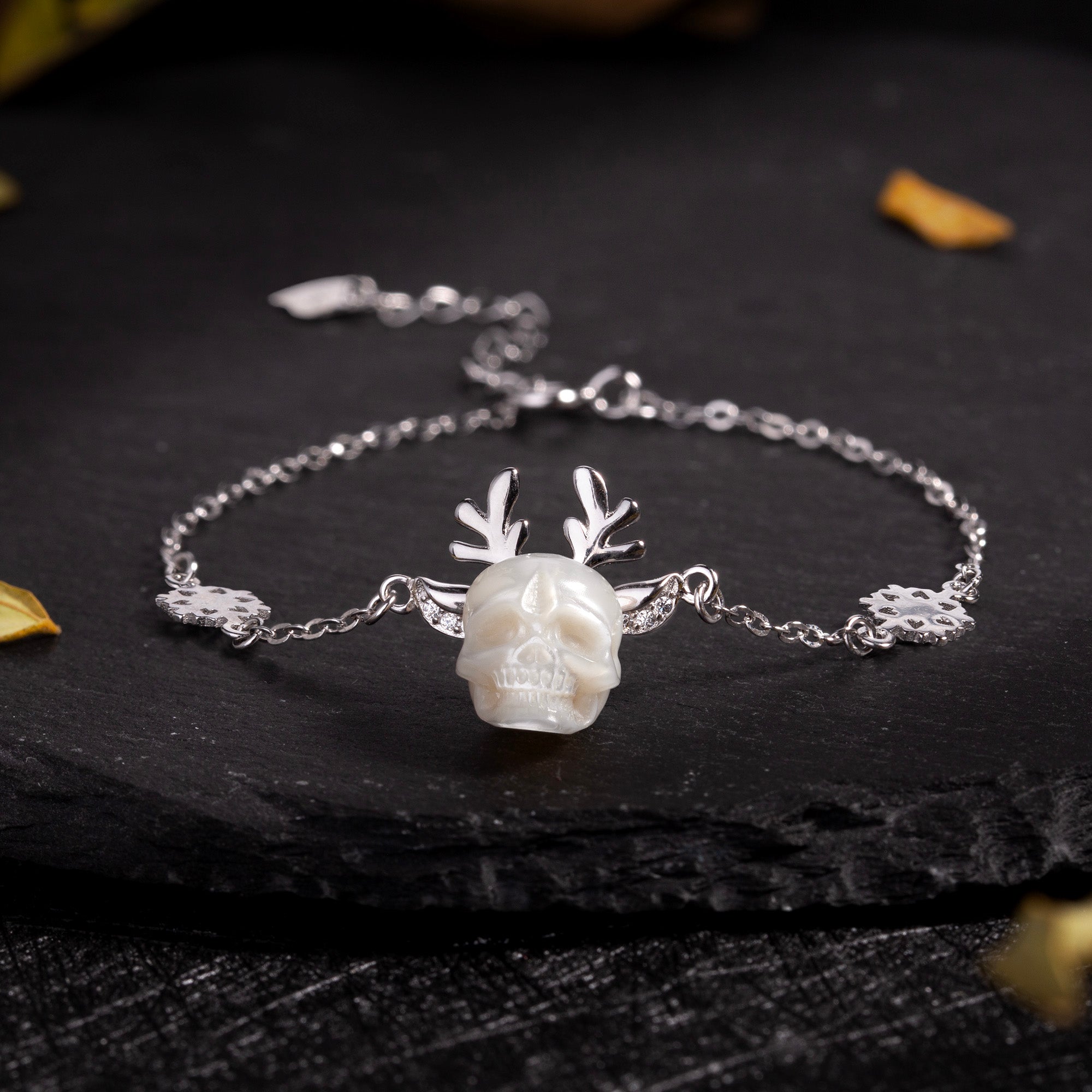 Winter Magic Reindeer Snowflake Pearl Skull Bracelet