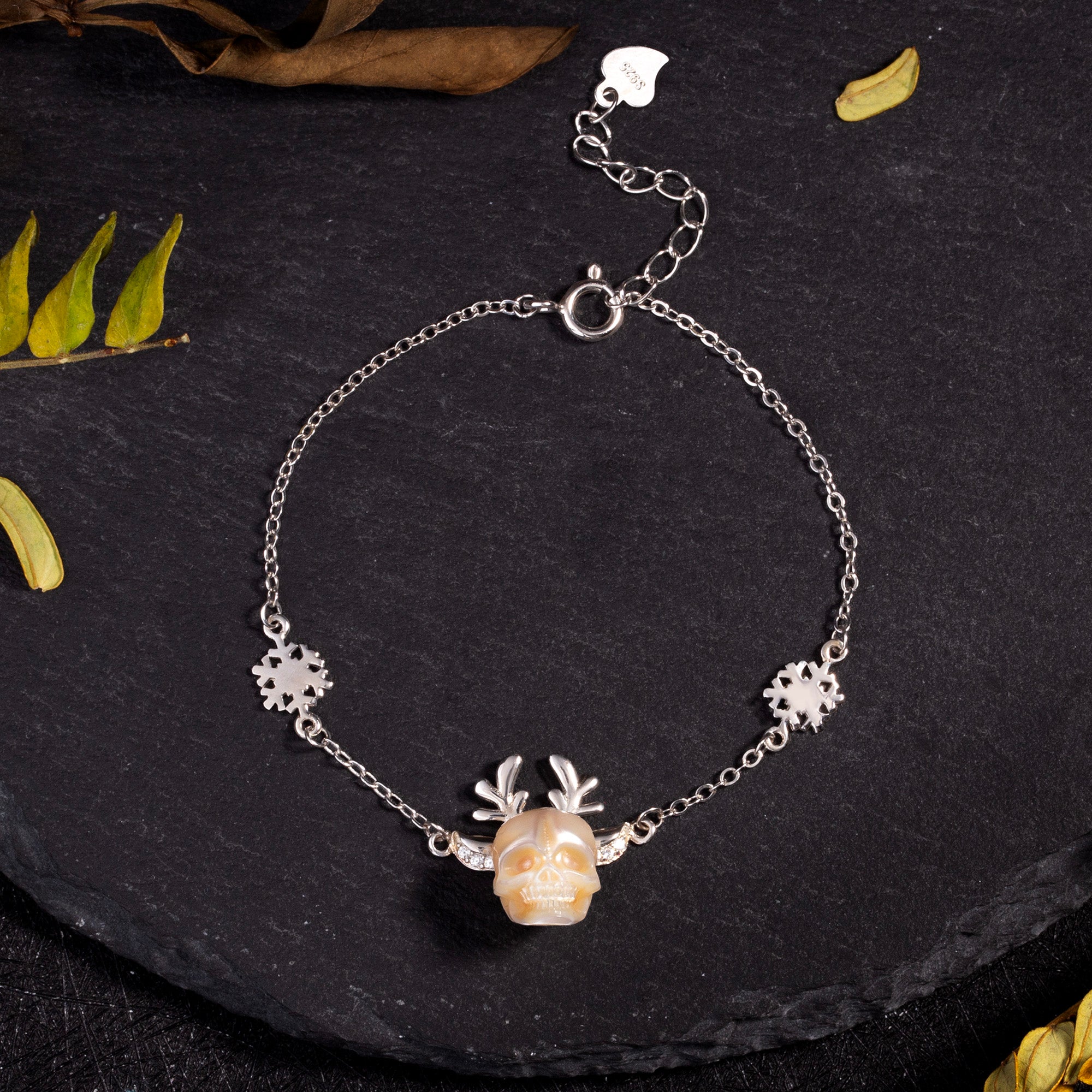 Winter Magic Reindeer Snowflake Pearl Skull Bracelet