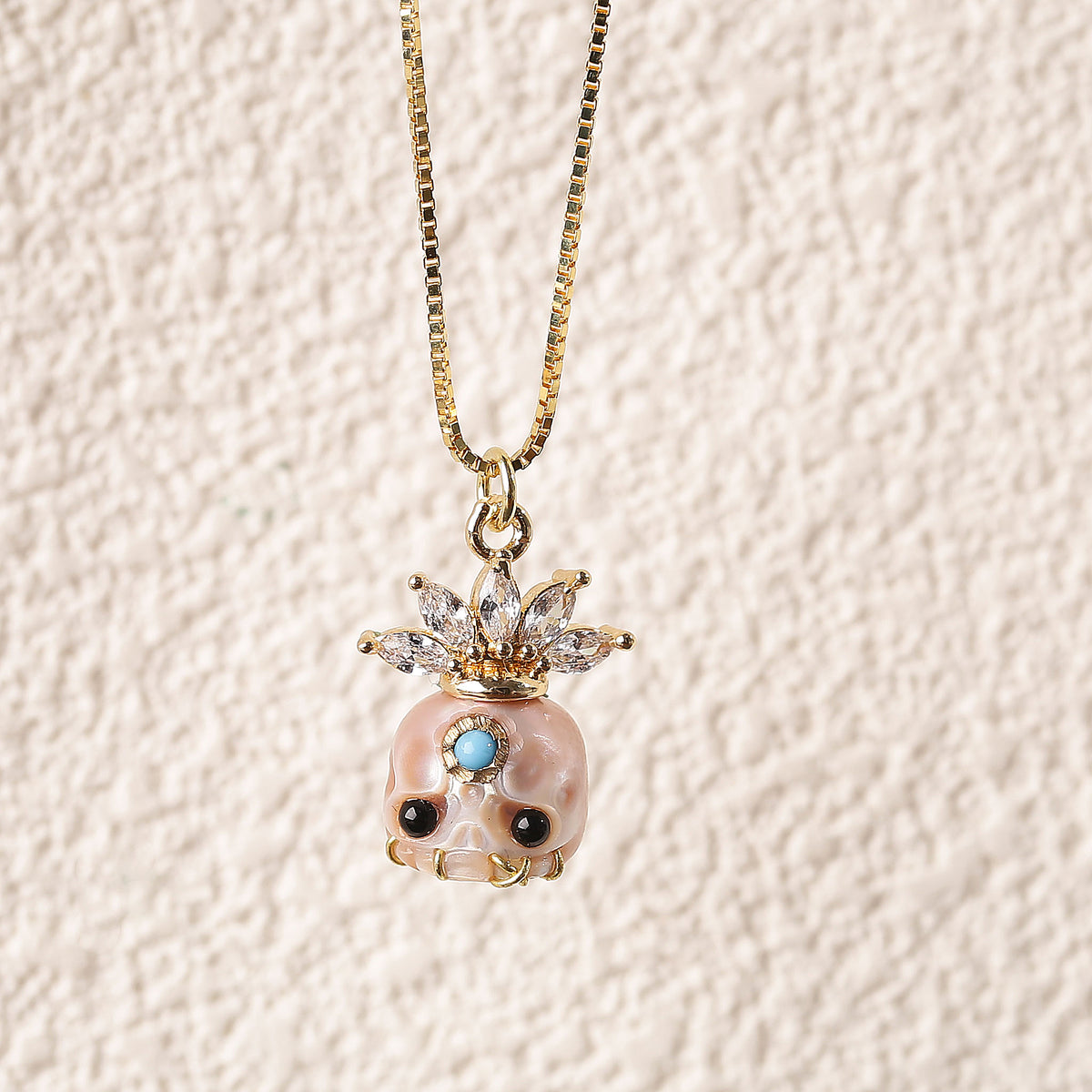 Zircon Crowned Carved Pearl Skull Śmaśana Necklace