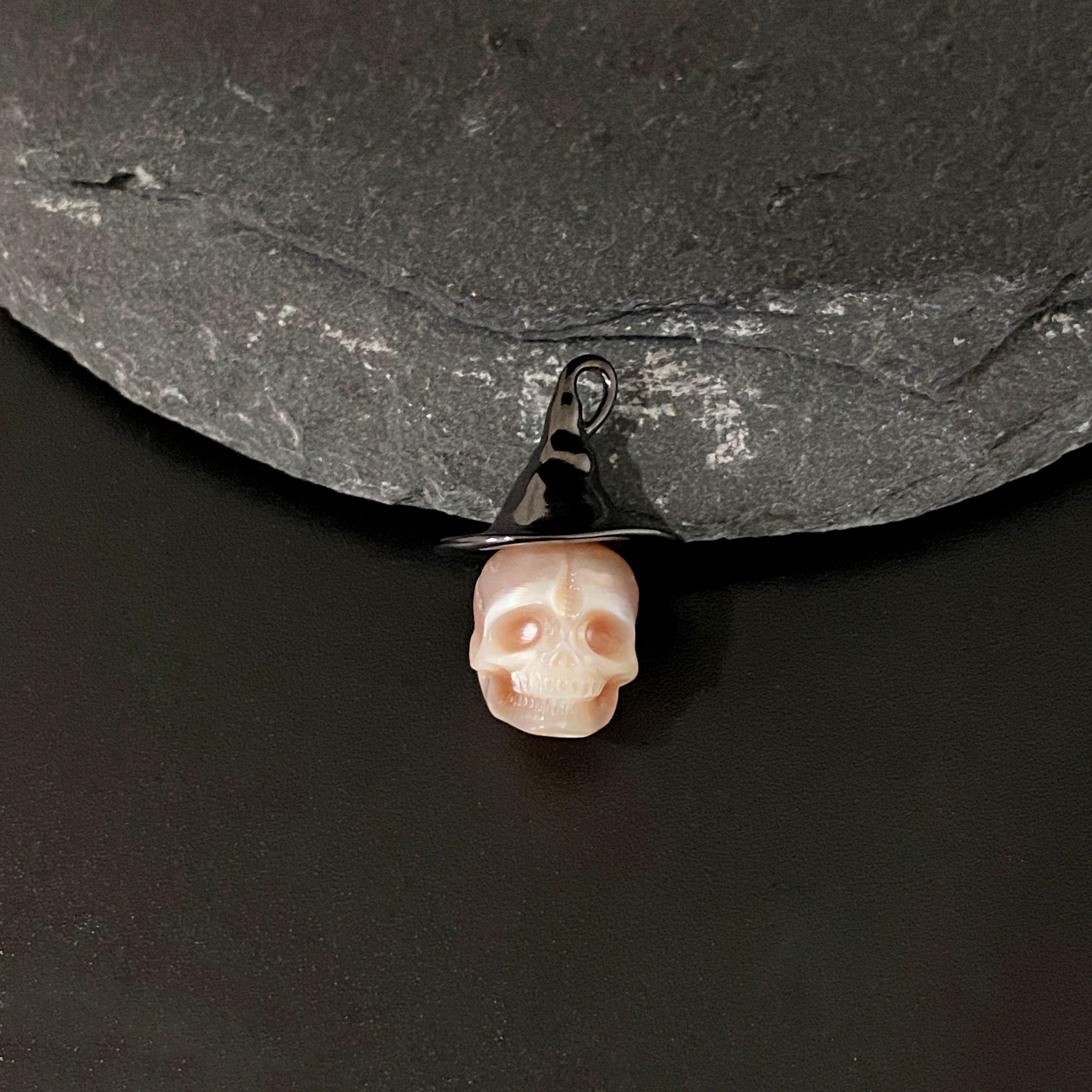 Belle Juri Black Witch Hat Pearl Carved Skull Pendant