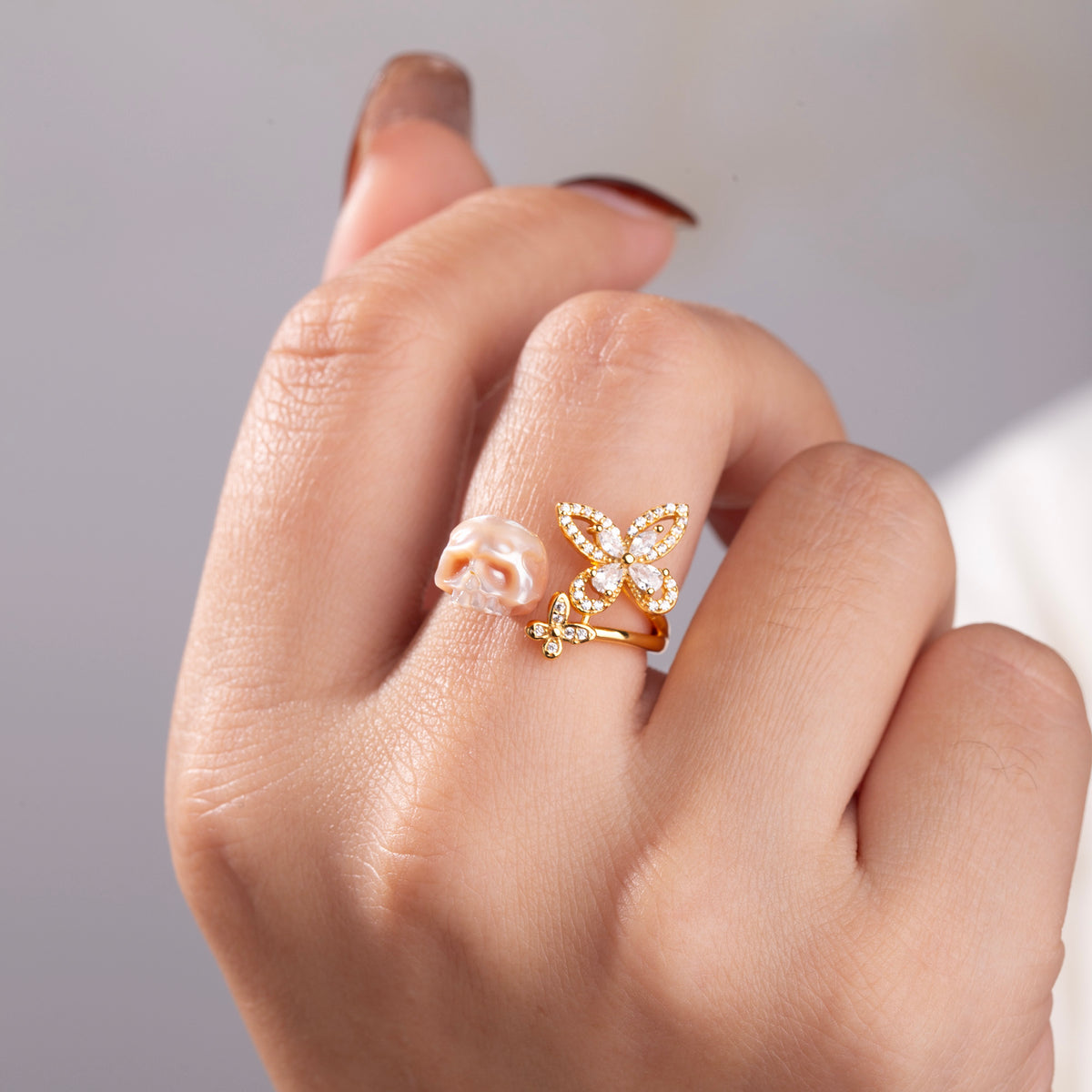 Zirconia Butterfly Pearl Skull Ring