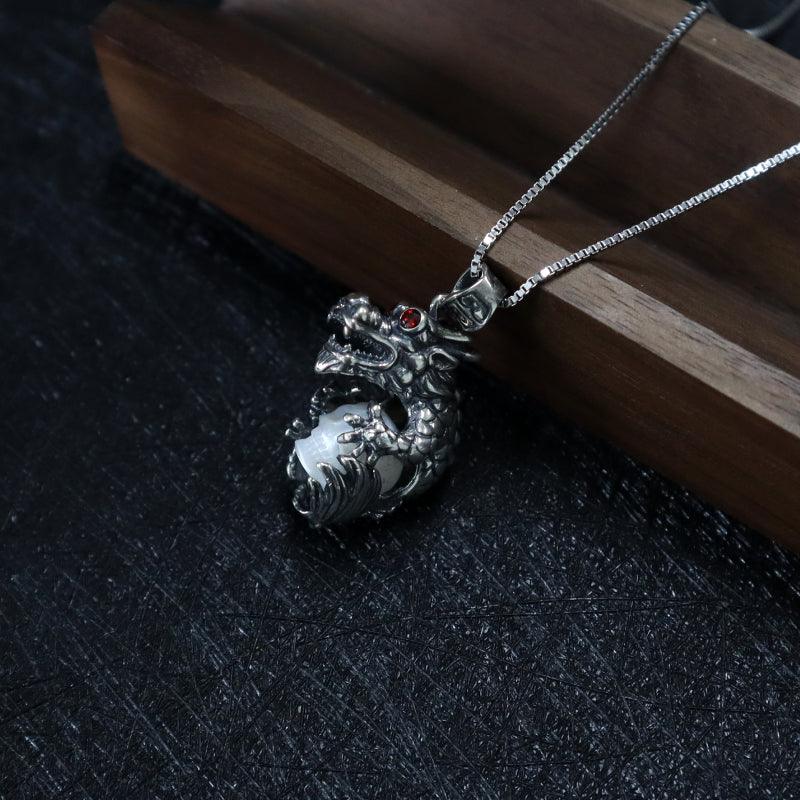 Dragon Holding Pearl Skull Pendant Necklace