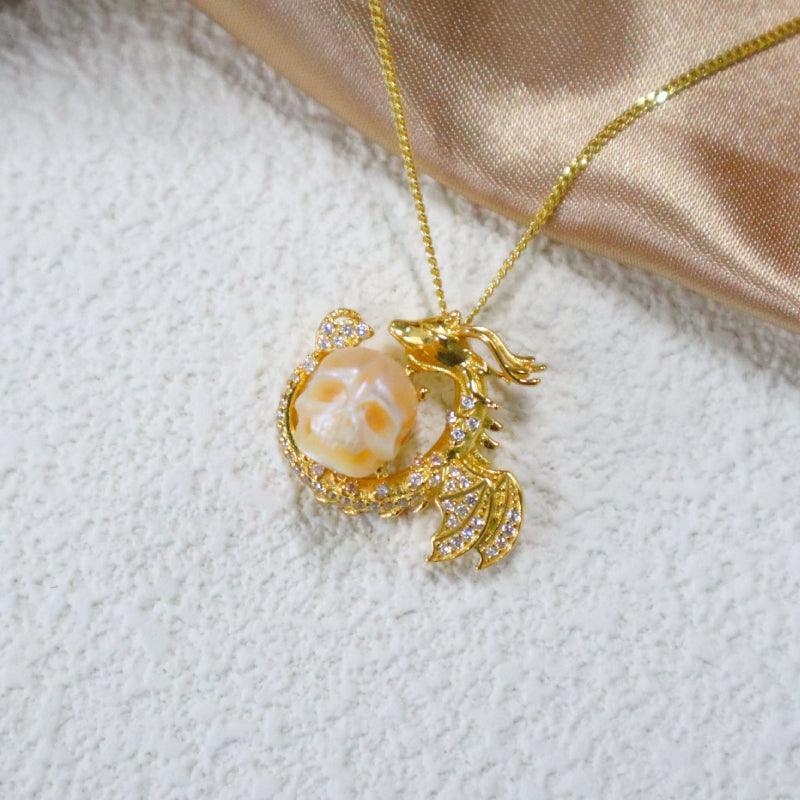 Belle Juri Golden Dragon Pearl Skull Necklace