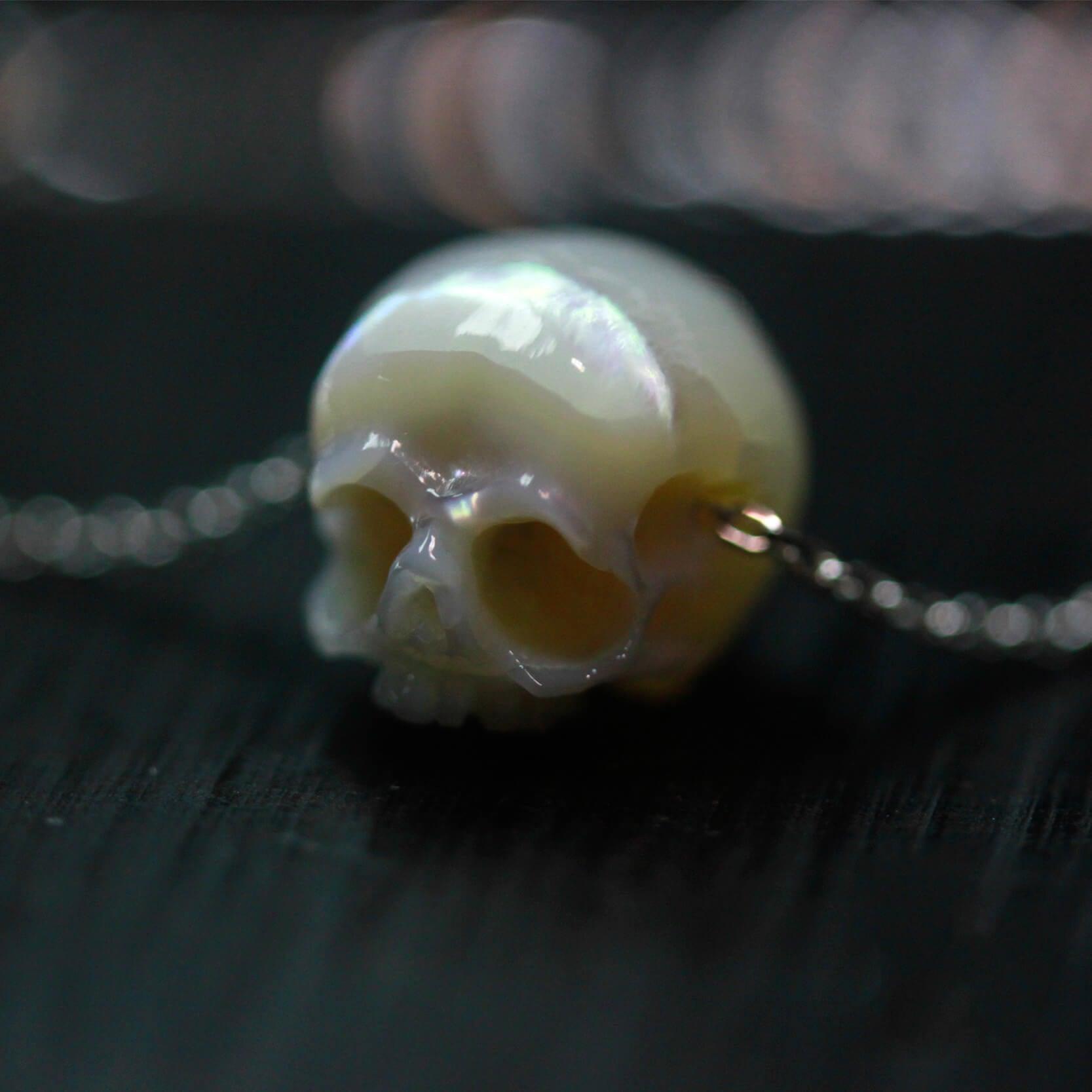 Belle Juri Hand Carved Pearl Skull Necklace