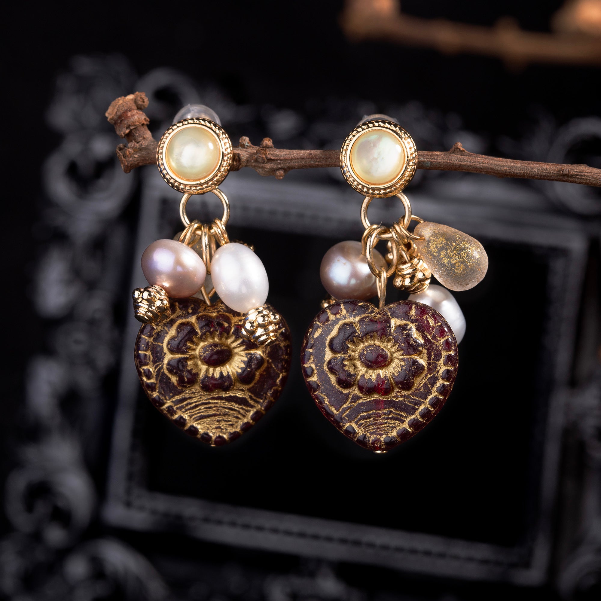 Vintage Fallen Leaf Heart Pearl Earrings