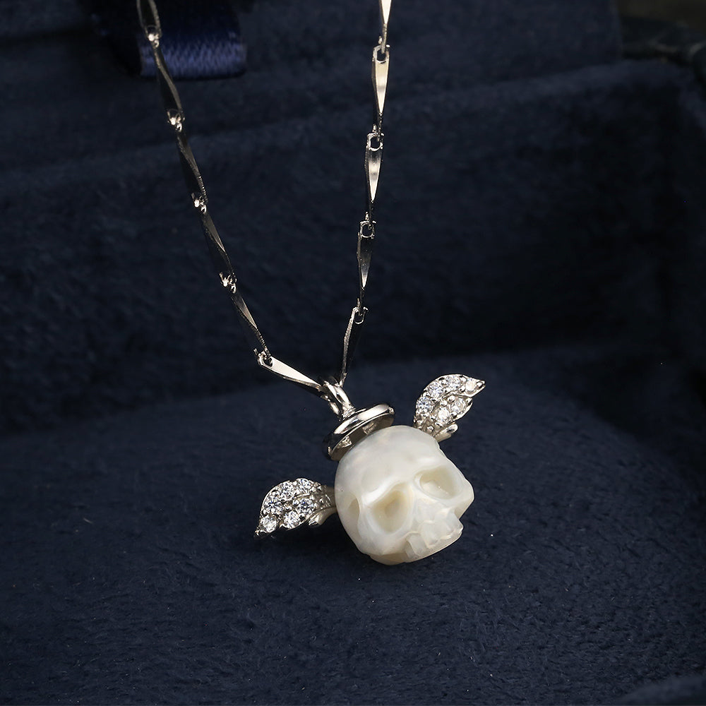 Angel Halo Wings Pearl Skull CZ Necklace