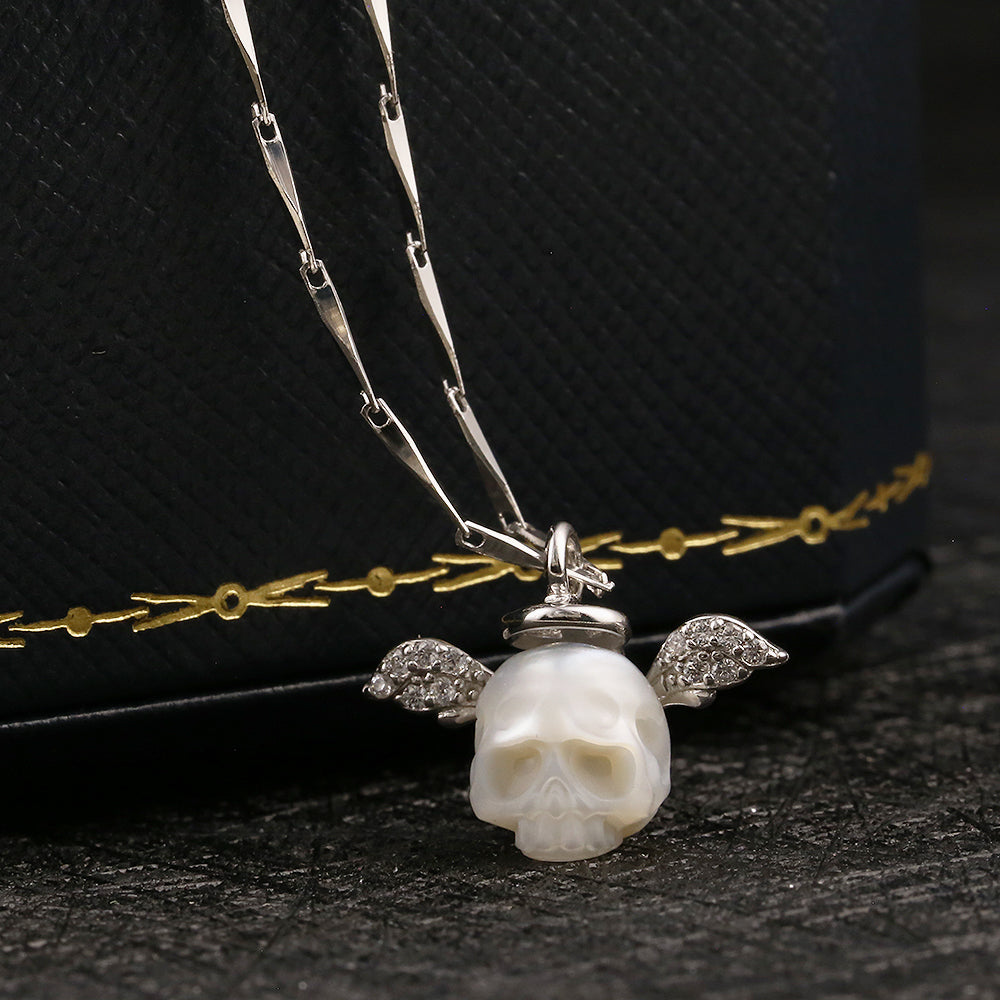 Angel Halo Wings Pearl Skull CZ Necklace