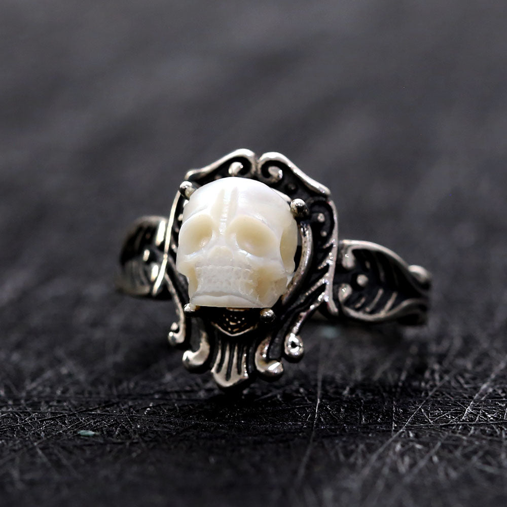 Antique Pearl Skull Queen Carved Ring