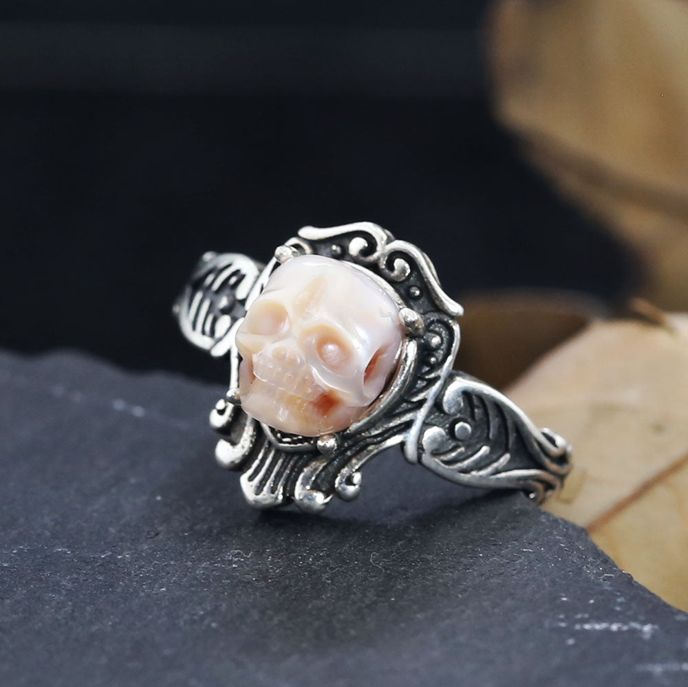 Antique Pearl Skull Queen Carved Ring