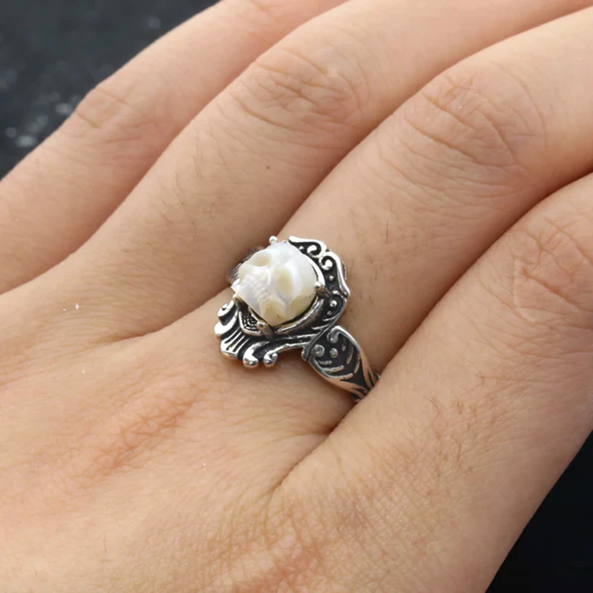 Antique Pearl Skull Queen Carved Ring