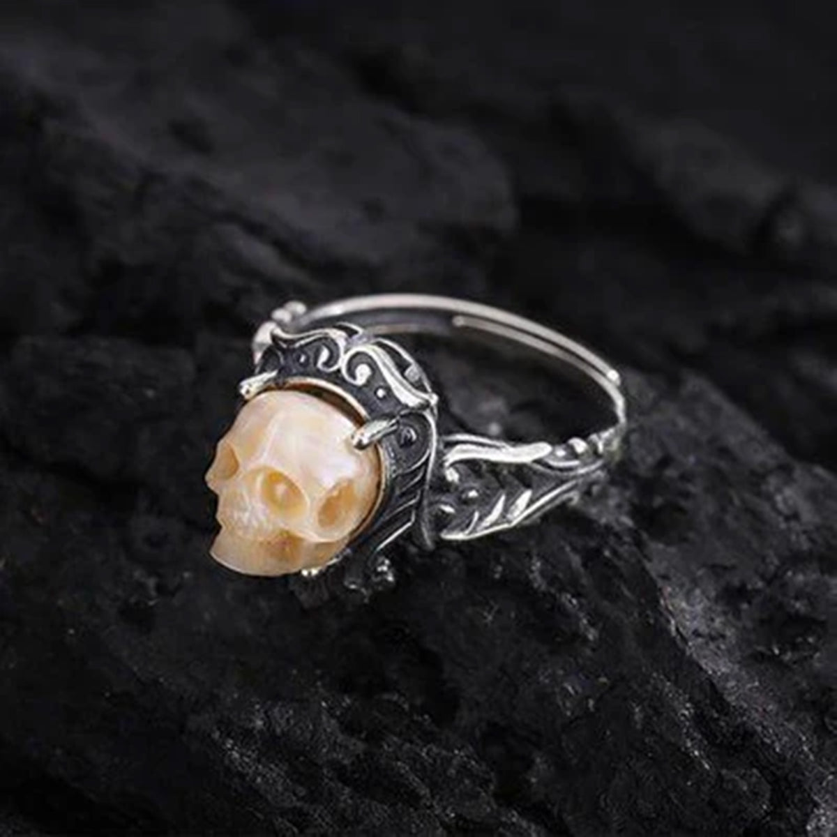 Antique Pearl Skull Queen Carved Ring