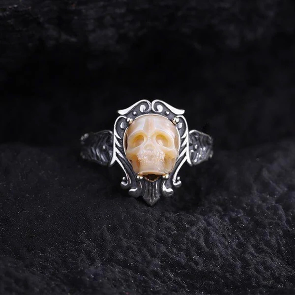 Antique Pearl Skull Queen Carved Ring