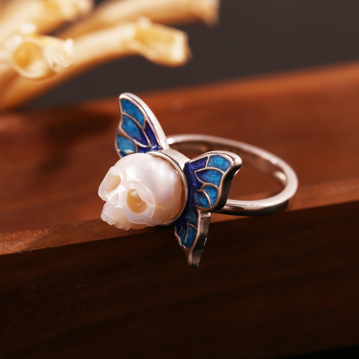 Art Deco Hand-Carved Butterfly Cranium Pearl Ring