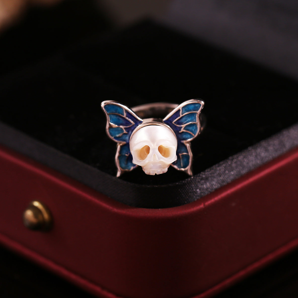 Art Deco Hand-Carved Butterfly Cranium Pearl Ring