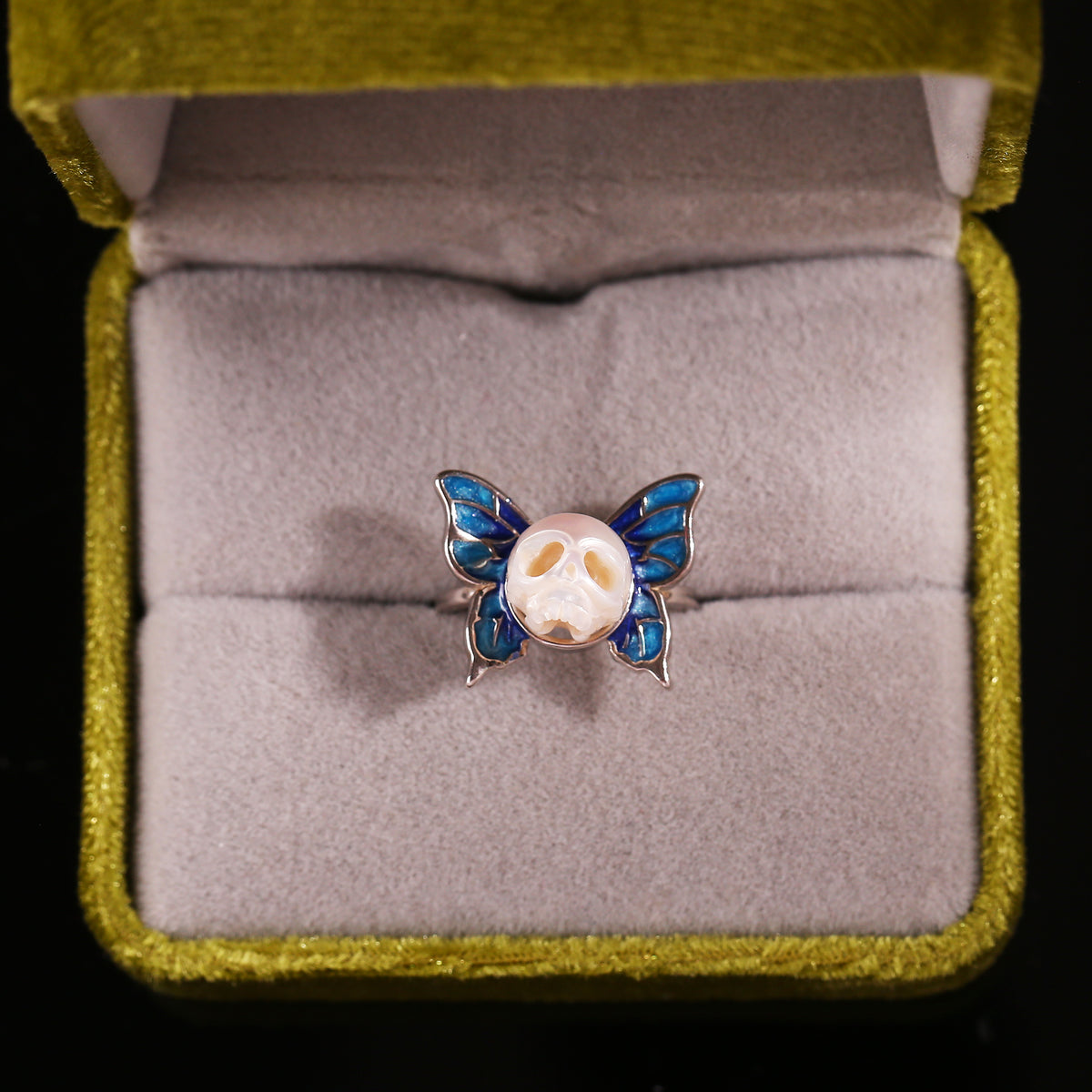 Art Deco Hand-Carved Butterfly Cranium Pearl Ring